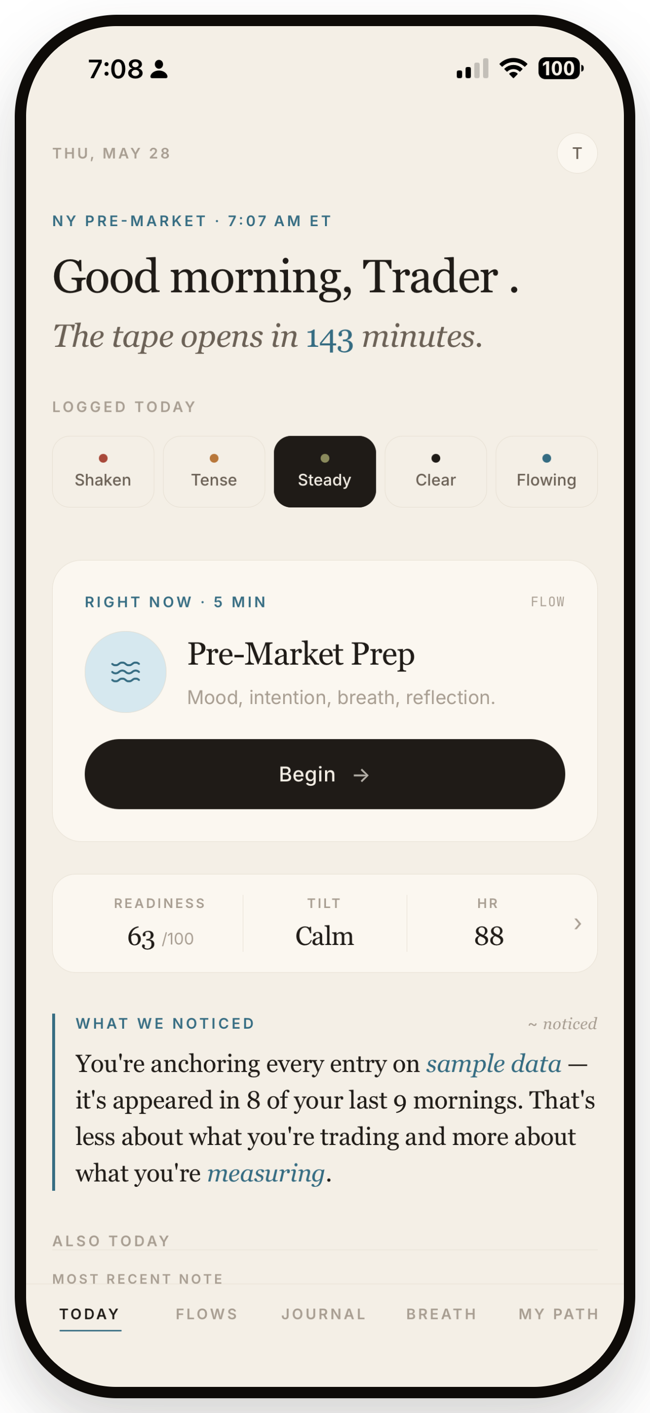 Trader Headspace Today Screen