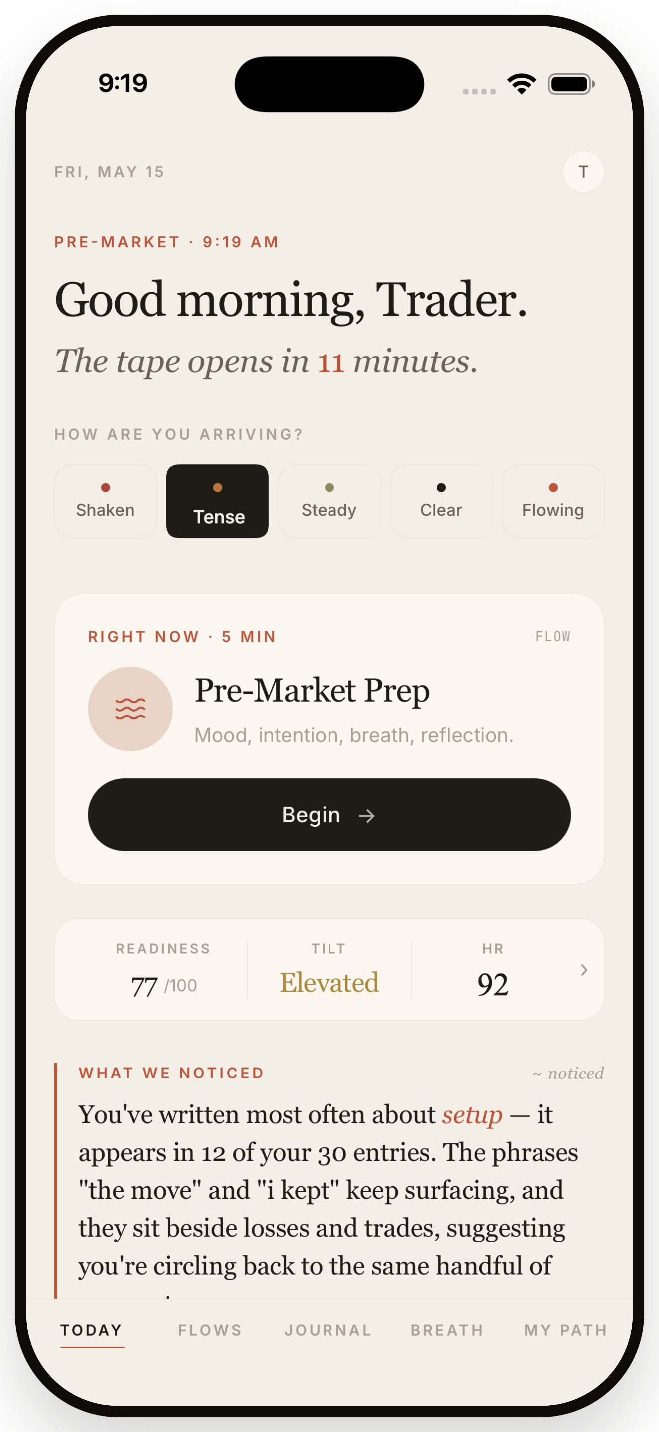 Trader Headspace Today Screen